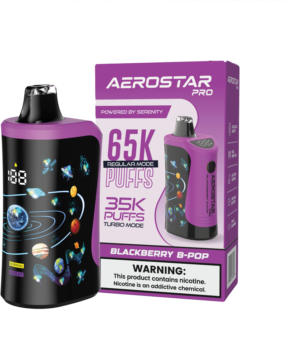 SERENITY HEMP - AEROSTAR PRO BLACKBERRY B-POP 5% NIC RECHARGEABLE DISPOSABLE VAPE 65K PUFFS 5 COUNT BOX