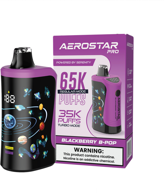 SERENITY HEMP - AEROSTAR PRO BLACKBERRY B-POP 5% NIC RECHARGEABLE DISPOSABLE VAPE 65K PUFFS 5 COUNT BOX