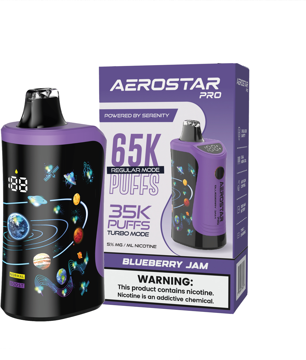 SERENITY HEMP - AEROSTAR PRO BLUEBERRY JAM 5% NIC RECHARGEABLE DISPOSABLE VAPE 65K PUFFS 5 COUNT BOX