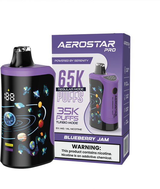 SERENITY HEMP - AEROSTAR PRO BLUEBERRY JAM 5% NIC RECHARGEABLE DISPOSABLE VAPE 65K PUFFS 5 COUNT BOX