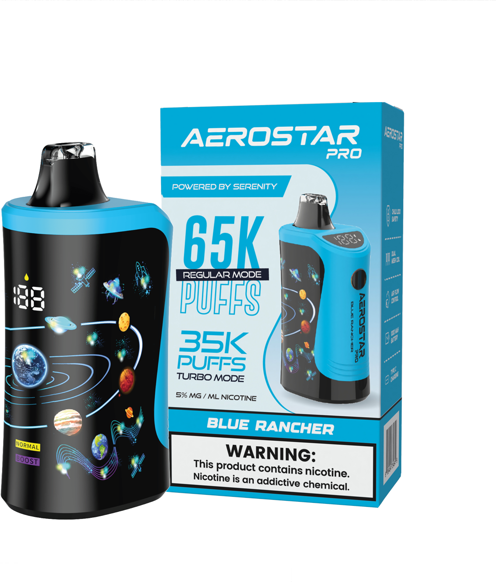 SERENITY HEMP - AEROSTAR PRO BLUE RANCHER 5% NIC RECHARGEABLE DISPOSABLE VAPE 65K PUFFS 5 COUNT BOX