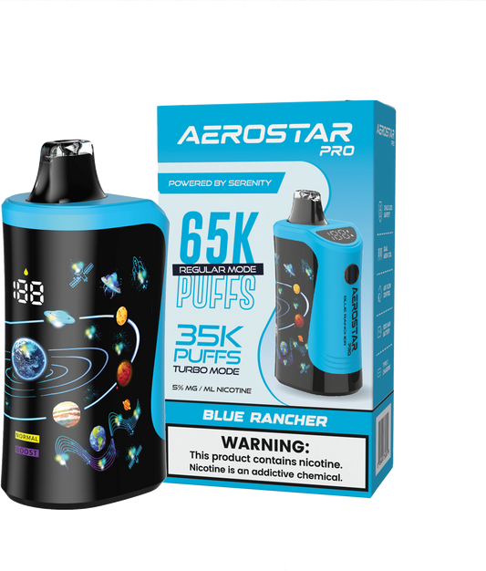 SERENITY HEMP - AEROSTAR PRO BLUE RANCHER 5% NIC RECHARGEABLE DISPOSABLE VAPE 65K PUFFS 5 COUNT BOX