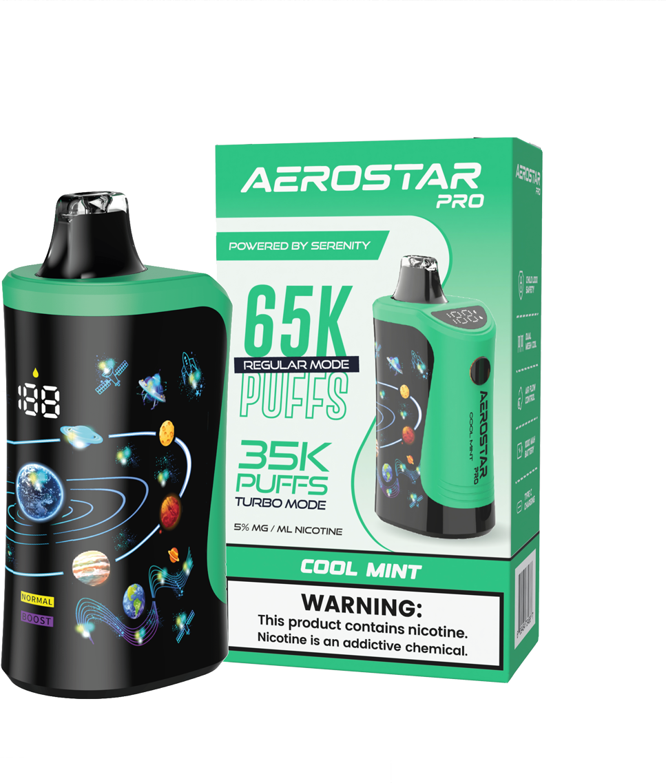 SERENITY HEMP - AEROSTAR PRO COOL MINT 5% NIC RECHARGEABLE DISPOSABLE VAPE 65K PUFFS 5 COUNT BOX