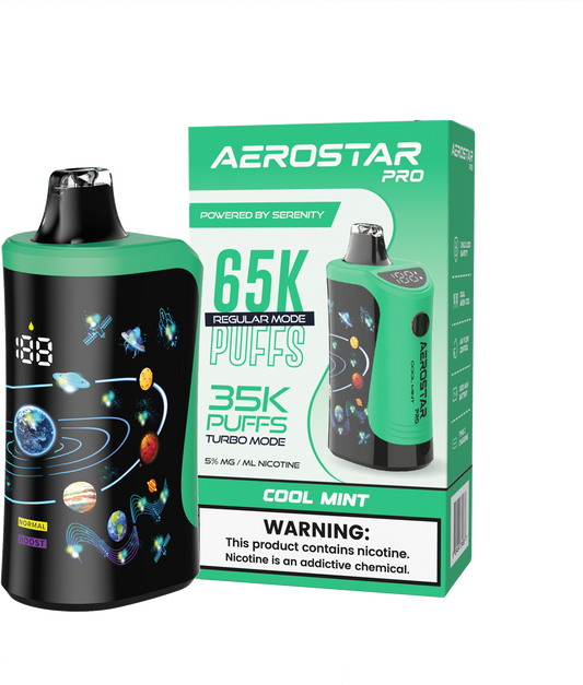 SERENITY HEMP - AEROSTAR PRO COOL MINT 5% NIC RECHARGEABLE DISPOSABLE VAPE 65K PUFFS 5 COUNT BOX