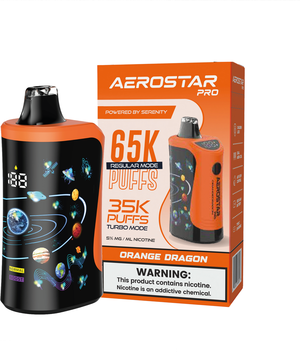 SERENITY HEMP - AEROSTAR PRO ORANGE DRAGON 5% NIC RECHARGEABLE DISPOSABLE VAPE 65K PUFFS 5 COUNT BOX