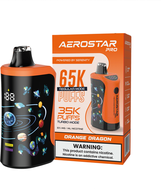 SERENITY HEMP - AEROSTAR PRO ORANGE DRAGON 5% NIC RECHARGEABLE DISPOSABLE VAPE 65K PUFFS 5 COUNT BOX