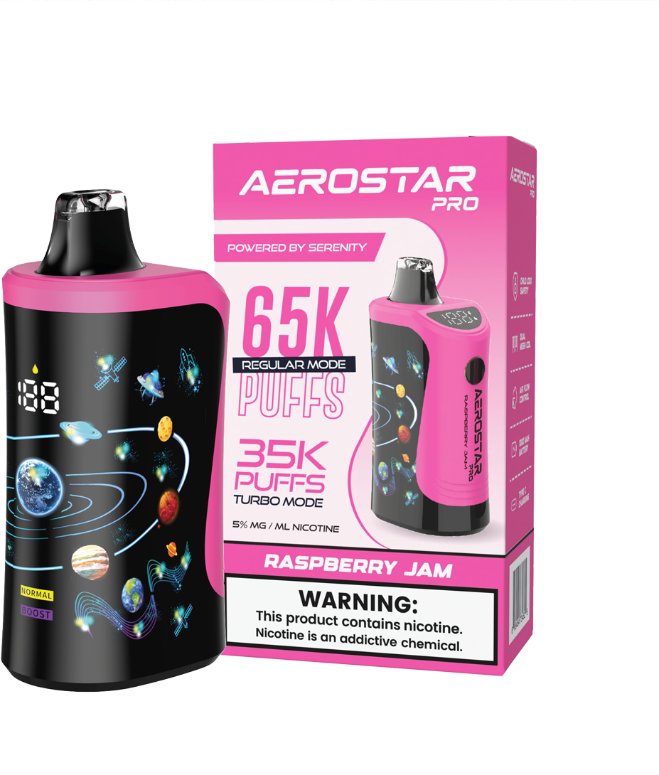 SERENITY HEMP - AEROSTAR PRO RASPBERRY JAM 5% NIC RECHARGEABLE DISPOSABLE VAPE 65K PUFFS 5 COUNT BOX