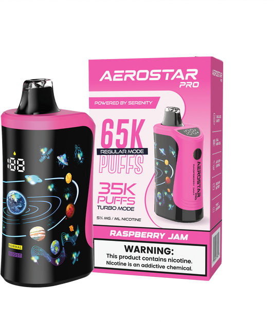SERENITY HEMP - AEROSTAR PRO RASPBERRY JAM 5% NIC RECHARGEABLE DISPOSABLE VAPE 65K PUFFS 5 COUNT BOX