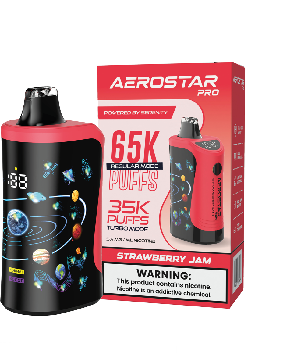 SERENITY HEMP - AEROSTAR PRO STRAWBERRY JAM 5% NIC RECHARGEABLE DISPOSABLE VAPE 65K PUFFS 5 COUNT BOX