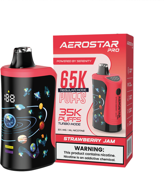 SERENITY HEMP - AEROSTAR PRO STRAWBERRY JAM 5% NIC RECHARGEABLE DISPOSABLE VAPE 65K PUFFS 5 COUNT BOX