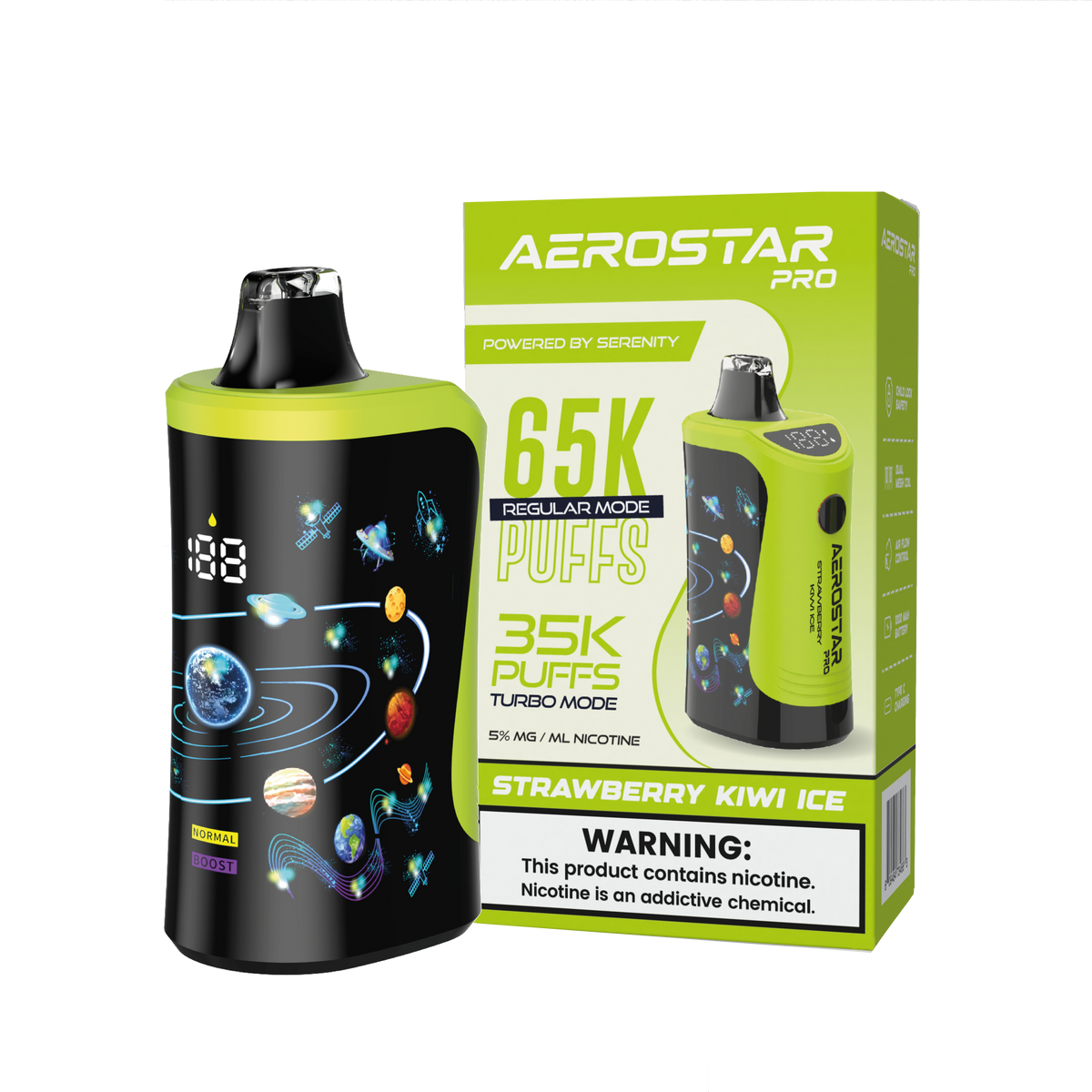 SERENITY HEMP - AEROSTAR PRO STRAWBERRY KIWI ICE 5% NIC RECHARGEABLE DISPOSABLE VAPE 65K PUFFS 5 COUNT BOX