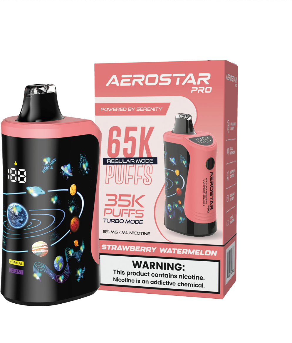 SERENITY HEMP - AEROSTAR PRO STRAWBERRY WATERMELON 5% NIC RECHARGEABLE DISPOSABLE VAPE 65K PUFFS 5 COUNT BOX