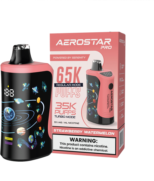 SERENITY HEMP - AEROSTAR PRO STRAWBERRY WATERMELON 5% NIC RECHARGEABLE DISPOSABLE VAPE 65K PUFFS 5 COUNT BOX