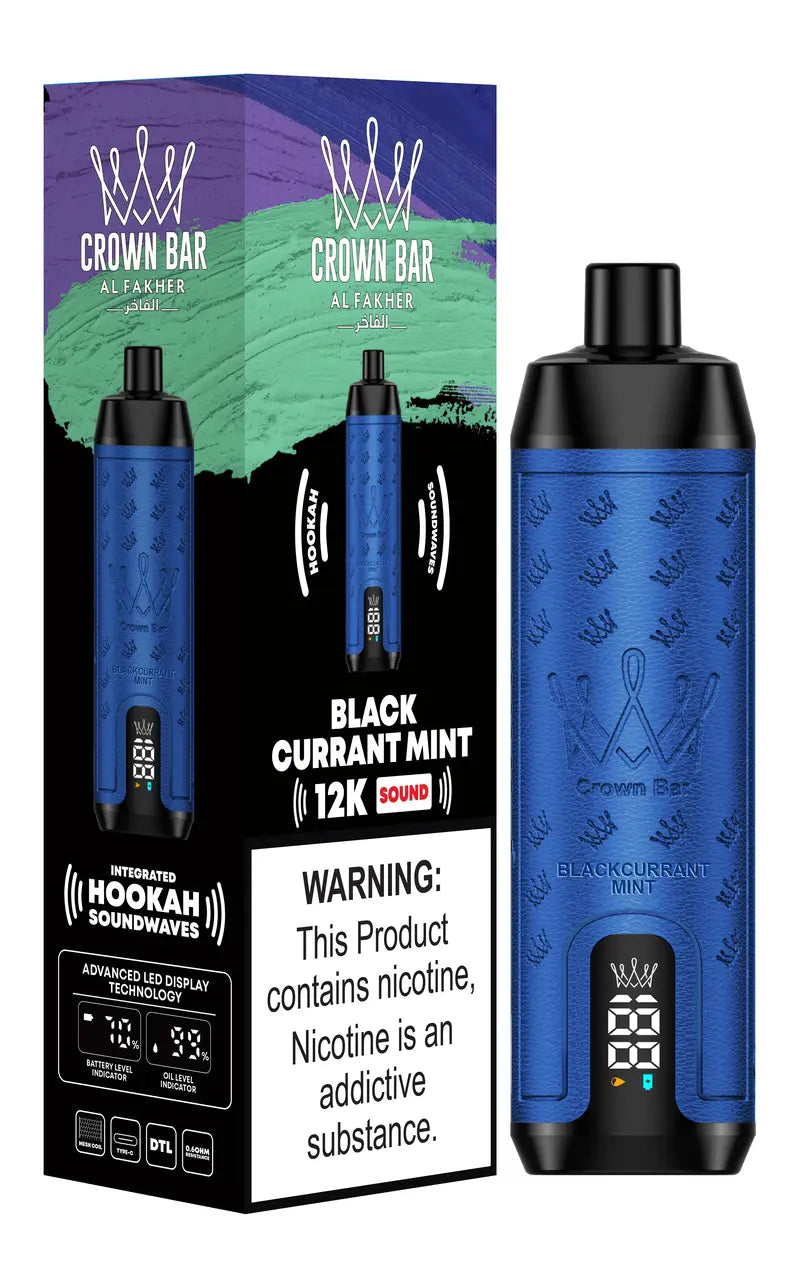 CROWN BAR AL FAKHER BLACKCURRANT MINT 20ML E-LIQUID 5% NIC RECHARGEABLE DISPOSABLE VAPE 12K PUFFS 5 COUNT PACK