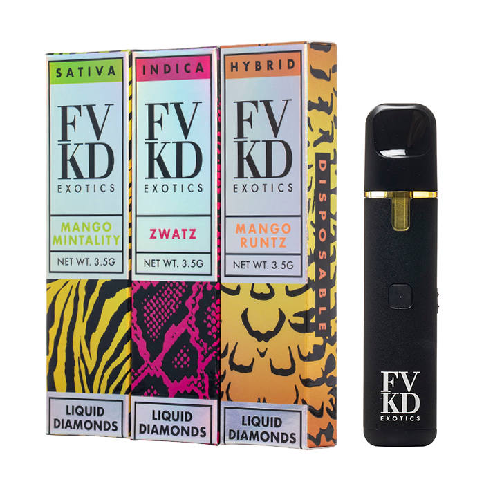 FV KD Exotics vape device and packaging of three flavors Mango Mintality, Zwatz and Mango Runtz