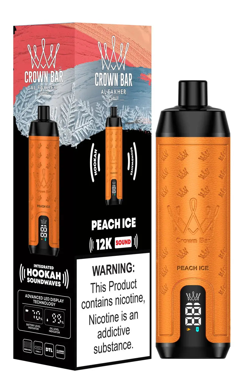 CROWN BAR AL FAKHER PEACH ICE 20ML E-LIQUID 5% NIC RECHARGEABLE DISPOSABLE VAPE 12K PUFFS